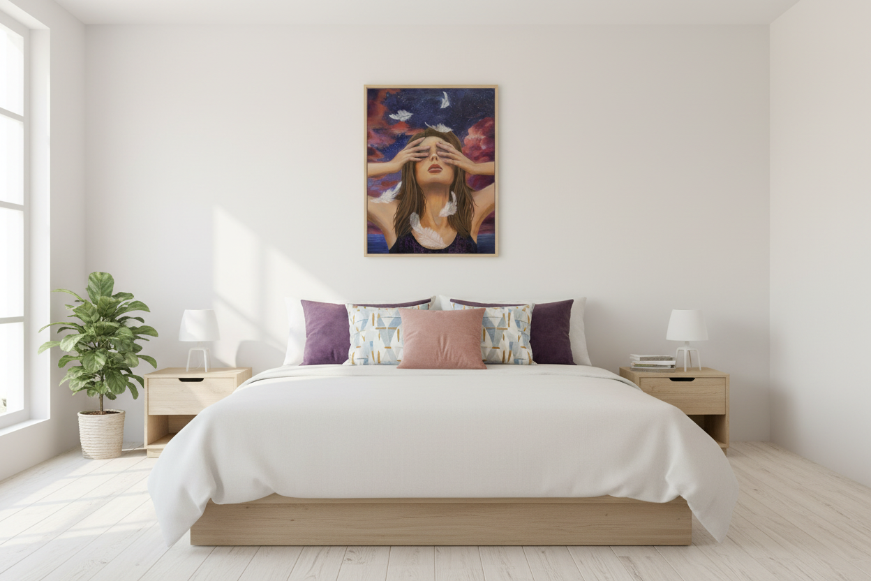 Psalm 91 painting in modern bedroom with matching pillows